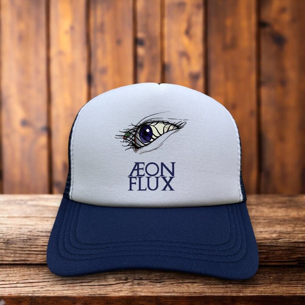 MTV Aeon Flux Mens Trucker Hat Navy Snapback 90s Liquid Television Dystopian Cap